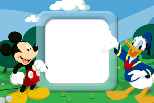 Pato Donald clássico, moldura circular branca, fundo céu azul grama.