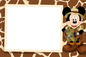 Mickey Mouse safari, roupa explorador, moldura retangular preta borda bege (polaroid), fundo estampa girafa.
