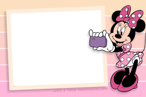Minnie Mouse acenando jardim, moldura circular cinza clara borda branca.