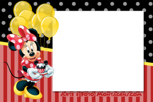 Minnie Mouse cupcake, balões amarelos, moldura retangular branca, fundo listras vermelhas poá preto.