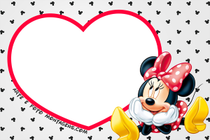 Minnie Mouse apaixonada, moldura vermelha formato coração, fundo branco estampa Mickey.