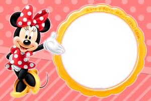Minnie Mouse dançando, coração margaridas, moldura retangular vermelha borda selo, fundo listrado vermelho.
