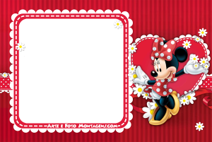 Minnie Mouse selfie, celular roxo, moldura retangular preta borda bege (polaroid), fundo listrado rosa bege.
