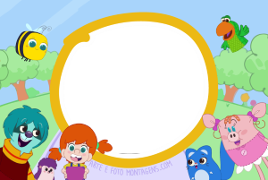 Personagens O Diário de Mika (Mika, Abelhuda, Javali, Blablá), moldura circular borda dupla amarela branca, fundo parque.