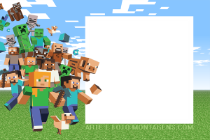Personagens Minecraft (Steve, Alex, Creeper, Zumbi), moldura retangular branca recorte bloco, fundo grama céu.