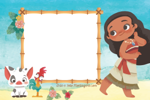 Moana chibi, Pua, HeiHei, moldura preta bambu, fundo praia aquarela.