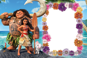 Moana, Maui, Pua, HeiHei, praia, moldura retangular vertical branca borda flores tropicais.