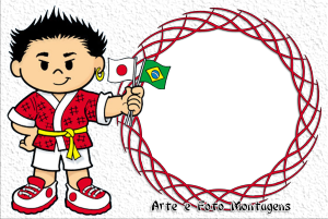 Hiro Turma da Mônica, quimono, bandeiras Japão Brasil, moldura circular vermelha borda trançada, fundo branco.