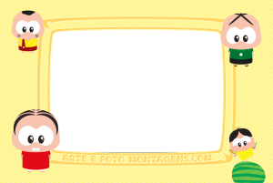 Mônica, Cebolinha, Cascão, Magali (Monica Toy chibi), moldura retangular amarela, fundo amarelo poá.