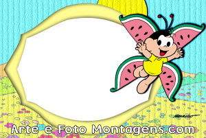 Magali Turma da Mônica, asas borboleta melancia, moldura verde escura irregular, fundo campo florido.