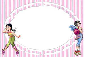 Mônica e Magali Turma da Mônica Jovem, moldura oval branca bordas recortadas, fundo listrado rosa.