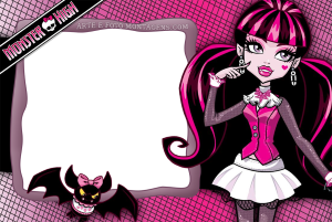 Draculaura Monster High, morceguinho, moldura roxa escura irregular, fundo pink teias aranha.