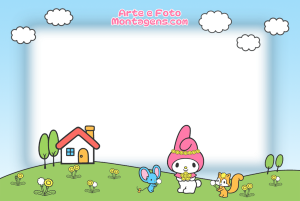 Coelhinha My Melody, rato Flat, esquilo, campo florido, moldura branca formato janela, fundo céu.