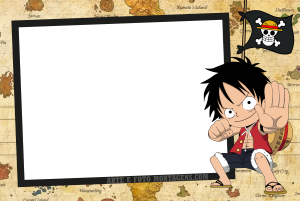 Luffy One Piece, pose luta, bandeira pirata, moldura retangular preta, fundo mapa antigo.