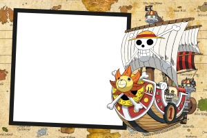 Navio Thousand Sunny One Piece, moldura retangular preta, fundo mapa antigo.