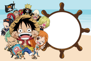Tripulação Chapéu de Palha One Piece chibi, moldura circular borda timão navio, fundo praia.