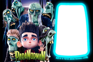 Norman (ParaNorman), zumbis, logo filme, moldura azul brilhante formato cone.