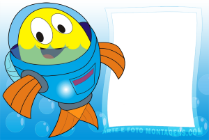 Peixonauta traje espacial, moldura retangular vertical branca borda azul, fundo azul bolhas.
