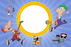 Phineas, Ferb, Candace, Isabella, Baljeet, Buford (banda), moldura circular amarela borda dupla, fundo azul raios.
