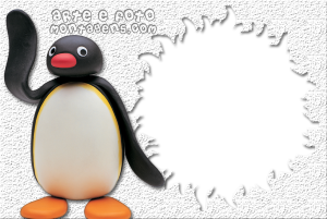 Pinguim Pingu acenando, moldura preta bordas irregulares, fundo branco texturizado.
