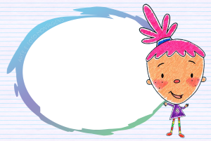 Pinky Dinky Doo sorrindo, moldura formato mancha tinta degradê azul roxo, fundo papel pautado.