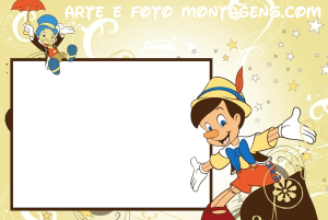 Pinóquio e Grilo Falante, moldura bege borda marrom, fundo bege estrelas arabescos.