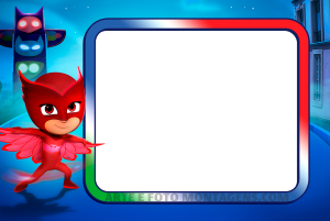 Corujita PJ Masks, moldura degradê (vermelho, branco, verde) borda prateada, fundo cidade totem.