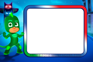 Lagartixo PJ Masks, moldura degradê (vermelho, branco, verde) borda prateada, fundo cidade totem.