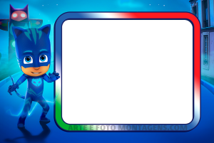 Menino Gato PJ Masks, moldura degradê (vermelho, branco, verde) borda prateada, fundo cidade totem.