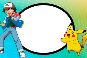 Ash Ketchum, Pokébola, Pikachu (Pokémon), moldura circular, fundo verde azul texturizado.