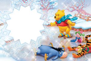 Ursinho Pooh, Leitão, Bisonho, Tigrão patinando gelo, moldura branca formato floco neve, fundo inverno.