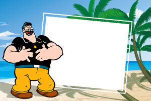 Brutus Popeye positivo, praia, moldura retangular branca borda dupla fina inclinada.