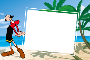 Olívia Palito Popeye, praia, moldura retangular branca borda dupla fina inclinada.