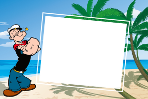Marinheiro Popeye braços cruzados, praia, moldura retangular branca borda dupla fina inclinada.
