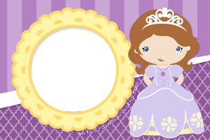 Princesinha Sofia chibi, moldura circular amarela borda recortada, fundo roxo padrões.