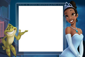 Princesa Tiana e Sapo Naveen, moldura retangular azul acinzentado, fundo Nova Orleans noite.