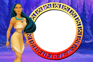 Pocahontas, moldura circular preta borda amarela vermelha padrões, fundo floresta entardecer.