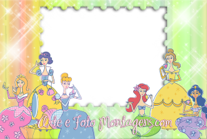 Princesas Disney estilizadas modernas, moldura branca borda selo, fundo degradê brilhos.