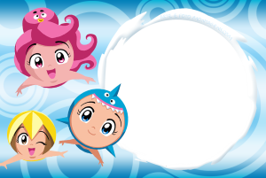 Três Princesas do Mar nadando, moldura cinza formato onda, fundo azul ondas.
