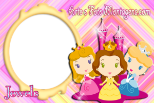 Três princesas Disney chibi (Aurora, Bela, Cinderela), logo Jewels, moldura oval bege borda dourada, fundo xadrez.