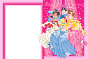 Grupo Princesas Disney (Jasmine, Branca Neve, Bela, Ariel, Cinderela, Aurora), vestidos gala, moldura vertical pink, fundo pink brilhos.