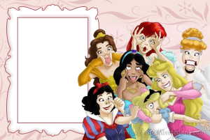 Princesas Disney fazendo caretas, moldura retangular vertical branca borda vermelha, fundo rosa arabescos.