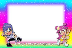 Ami e Yumi (Hi Hi Puffy AmiYumi), moldura retangular dividida, fundo arco-íris neve.