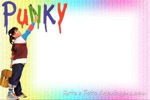 Punky Brewster pintando 'PUNKY', moldura retangular branca borda texturizada, fundo arco-íris.