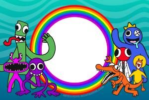 Monstros coloridos Rainbow Friends, moldura circular preta borda arco-íris, fundo azul-petróleo ondas.