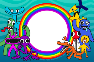 Outro grupo monstros Rainbow Friends, moldura circular preta borda arco-íris, fundo azul-petróleo ondas.