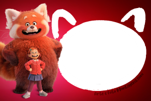 Mei Lee panda vermelho gigante e humana (Red: Crescer é uma Fera), moldura circular vermelha preta orelhas panda, fundo vermelho.