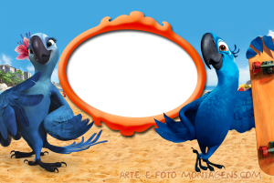 Araras Blu e Jade (Rio), praia, moldura oval laranja borda preta.