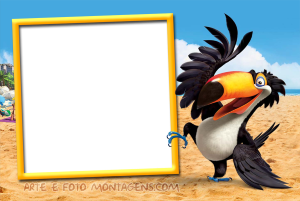 Tucano Rafael (Rio), praia, moldura quadrada amarela borda preta.