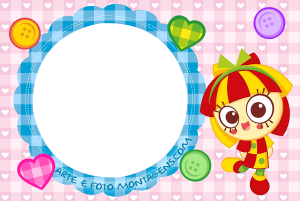 Emília Sítio Picapau Amarelo, moldura circular azul borda costura, fundo rosa quadriculado corações botões.